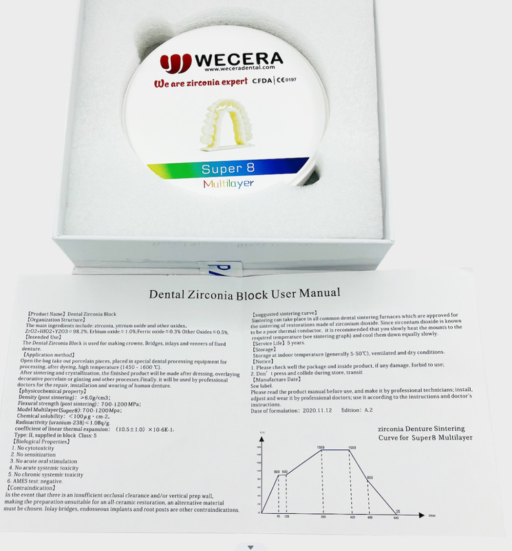 Multilayer Zirconia Block for Roland/VHF/Imes-icore Machines Density 6.0-6.3g/cm3 Chemical Solubility 100 μg/cm2 Guaranteed